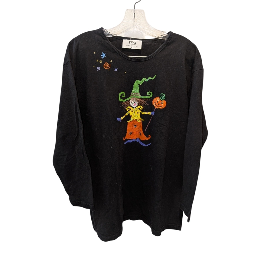 Vintage Viva Halloween Shirt M Hand Painted Witch Pumpkin Graphic Long Sleeve